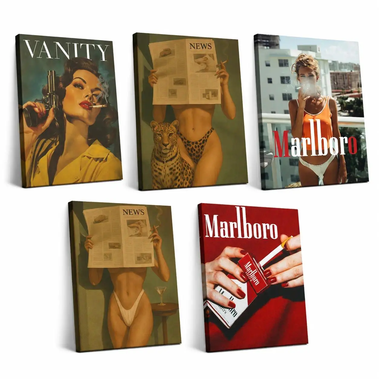 Vintage Animal Print Posters, Marlboro Cigarette Wall Art, Pin-Up Bikini & Cheetah Decor, Retro Newspaper-Style Prints, Old-School Magazine Wall Hangings, Smoking Female Mural Art Woman Retro Canvas Prints