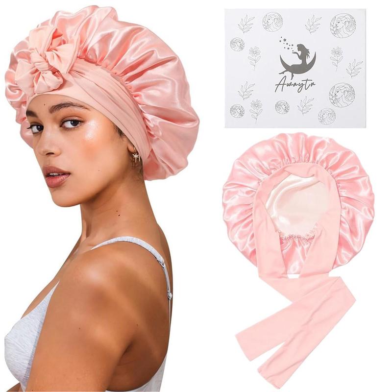 AWAYTR Satin Bonnet for Hair Protection Women Men Reversible Double Layer Two-Color Silk Like Texture for Sleeping Cap Hair Bonnet with Elastic Tie Band Gift box for Curly Hair Night Cap