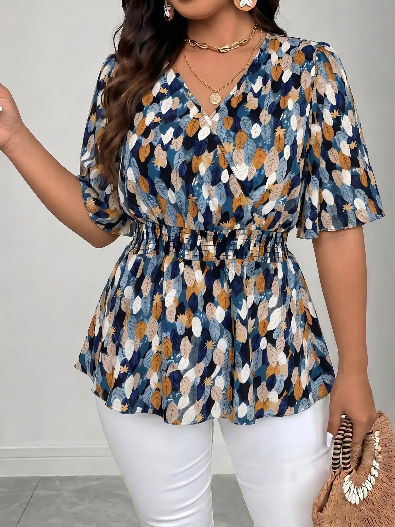 Plus Size Women's Summer Casual Daily Tops Printed Blouse Top, Slimming V-Neck Waist Cinch Ruffle Sleeve, Lightweight Breathable Belly Concealing Fashion Shirt