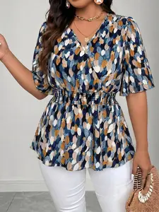 Plus Size Women's Summer Printed Top, Slimming V-Neck Waist Cinch Ruffle Sleeve, Lightweight Breathable Belly Concealing Fashion Shirt