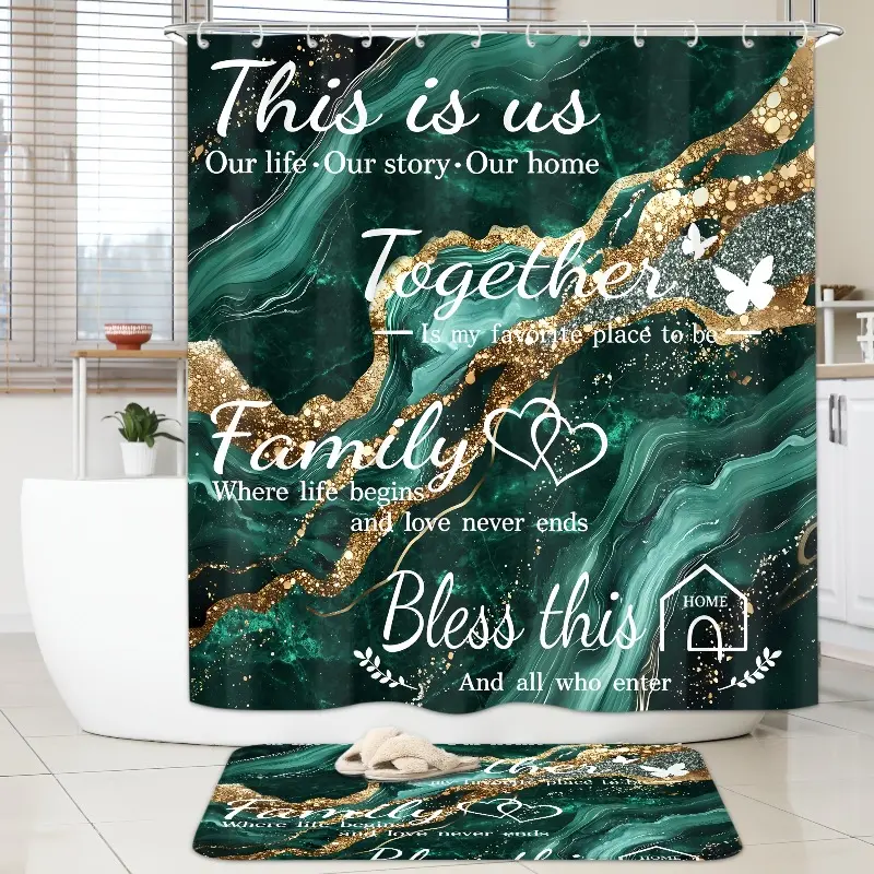4pcs Luxury Marble Shower Curtain Set – Golden Green Marble, 12 Hooks, Toilet Lid Cover, Non-Slip U-Shaped, Abstract Modern Decor
