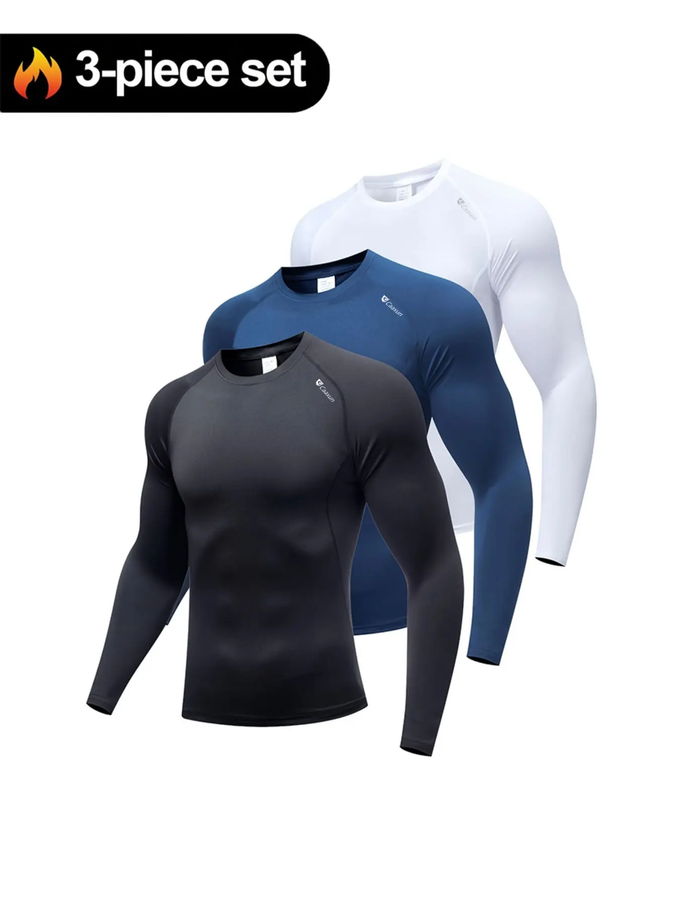 Men's Three-Piece Compression Long Sleeve Set, High Stretch Quick-Dry Sportswear, Plain Design, Spring & Fall, No Ca Prop 65