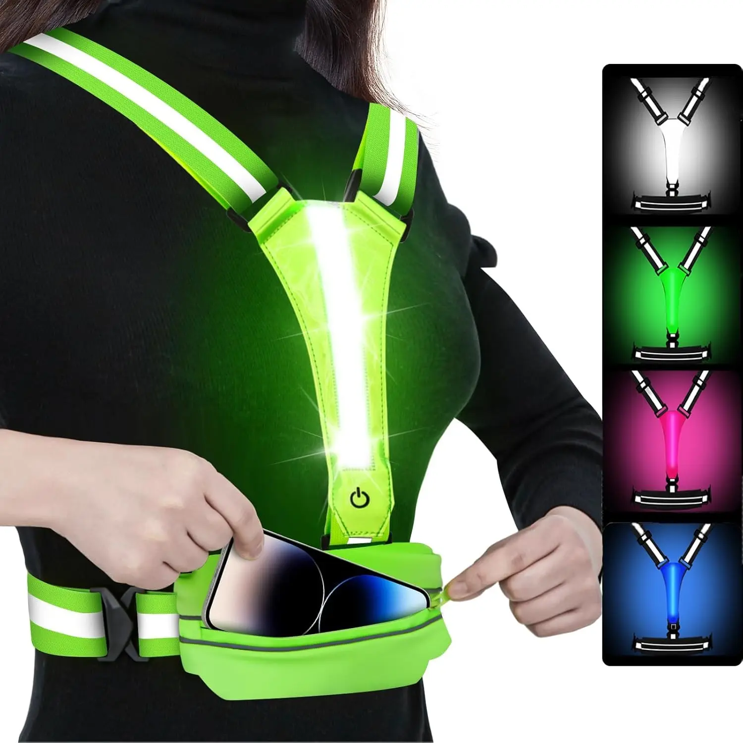 LED Reflective Light Up Safety Running Vest for Biking Walking at Night, High Visible Adjustable Running Light for Runners Rechargeable with Pouch, Reflective Running Belt Gear for Men Women
