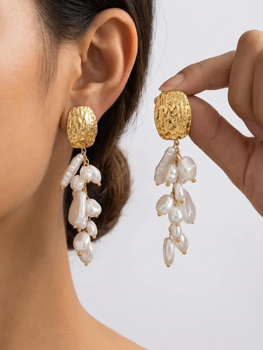 New Stainless Steel French Baroque Pearl Fringe Earrings, Unique Luxury Jewelry for Women, High-End Fashion Accessory