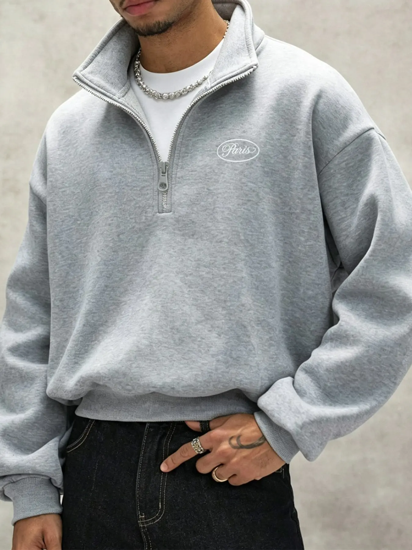 Oversized Quarter Zip Stand Collar Sweatshirt Men Soft Plush Pullover For Hip Hop Urban Daily Outfit