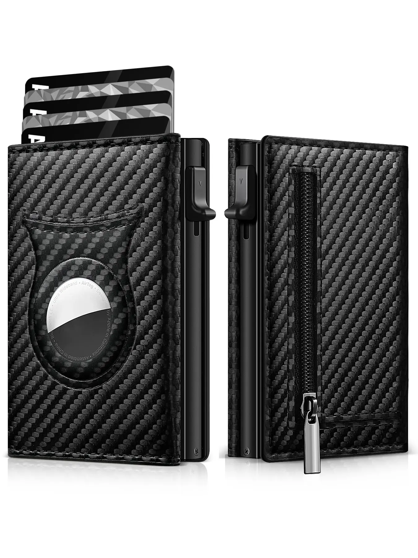 Men's Carbon Fiber Magnetic Credit Card Holder with PU Leather, Rfid Protected Wallet with Zipper Coin Purse, Airtag Pocket Wallet for All Seasons