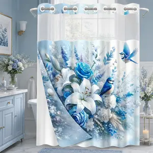1 Piece No Hook Double Layer Shower Curtain, Blue & White Floral & Bird Print Bath Curtain, Waterproof, Mildew Resistant, Durable Fabric, Nature Home Decor, Removable Liner, Top See-Through Window, Partition Curtain 71"×74"