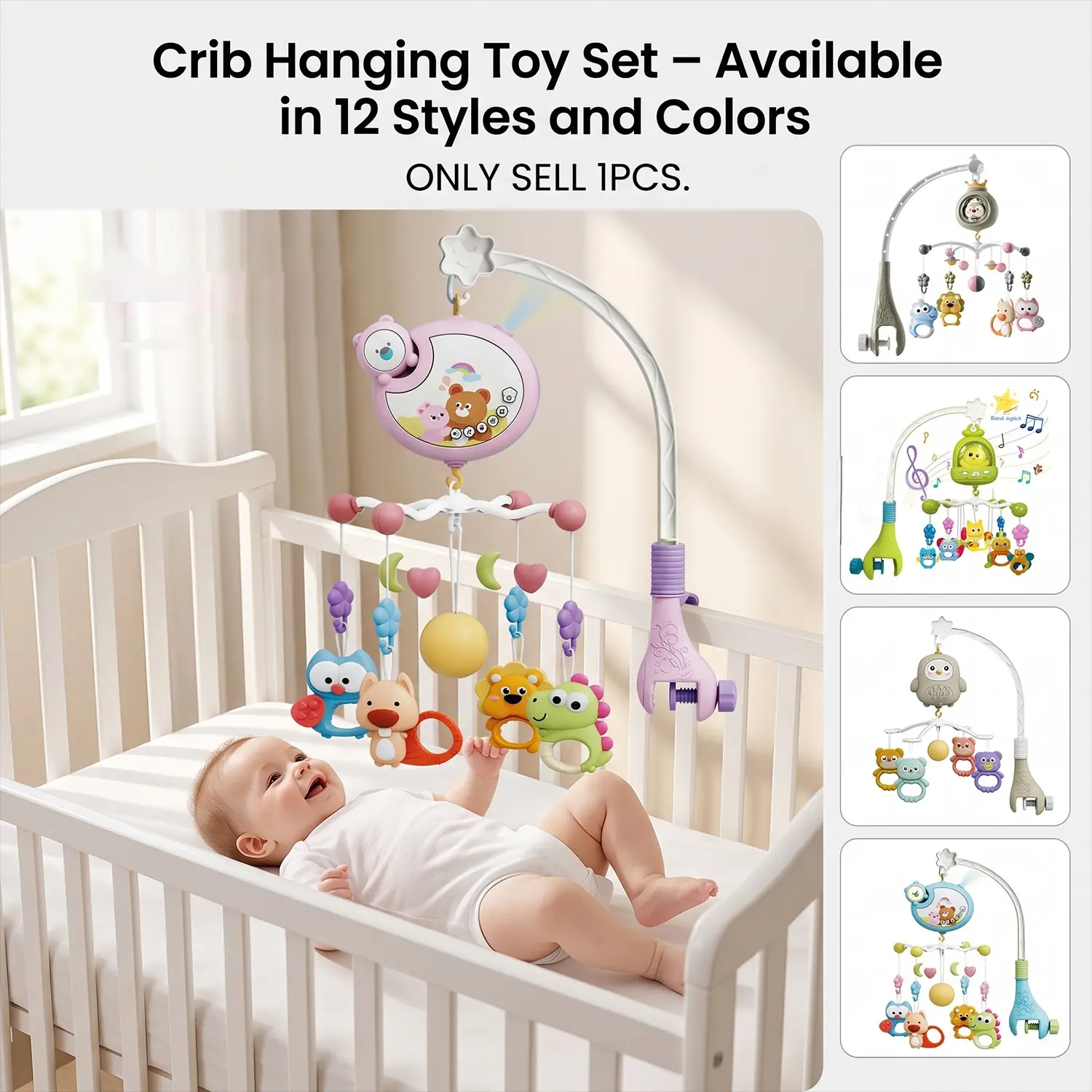 Baby Crib Mobile with Music and Lights, 2-In-1 Teething Toy, 45° Incline, Projection Timer, Detachable Decorative Hanging Piece
