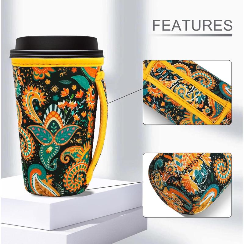 3 Pack  Iced Coffee Sleeves for 16-32 ounces of hot or cold coffee or iced beverages  Neoprene Insulated Sleeve for Hot and Cold Drinks from , Dunkin And More (Yellow Paisley)