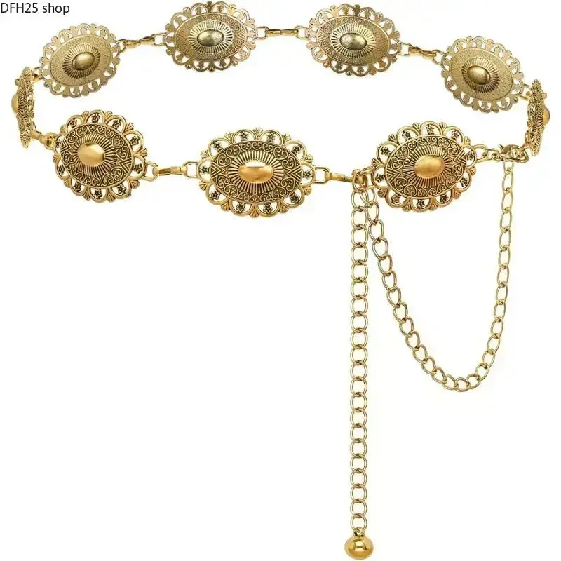 Western Concho Chain Belt for Women, Adjustable Alloy Waist Accessory with Lobster Clasp, Boho Fashion Belt for Dresses and Jeans