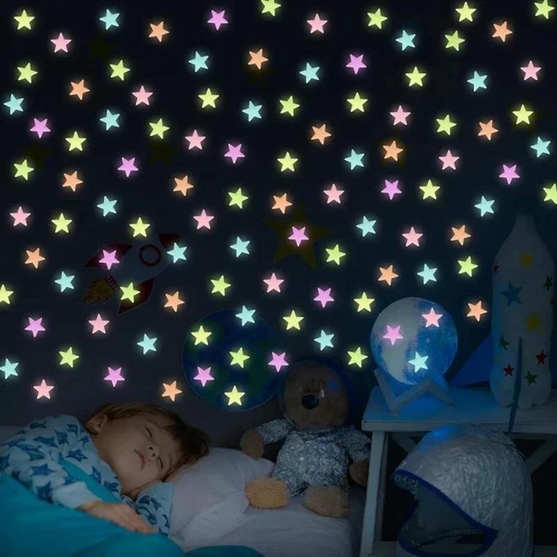 Glow in The Dark Stars for Ceiling, 2‑Piece Luminous Star and Moon Wall Stickers for Kids Bedroom & Nursery Décor, Multi‑Color Glowing Room Decorations, Easy Peel & Stick (Multicolor)