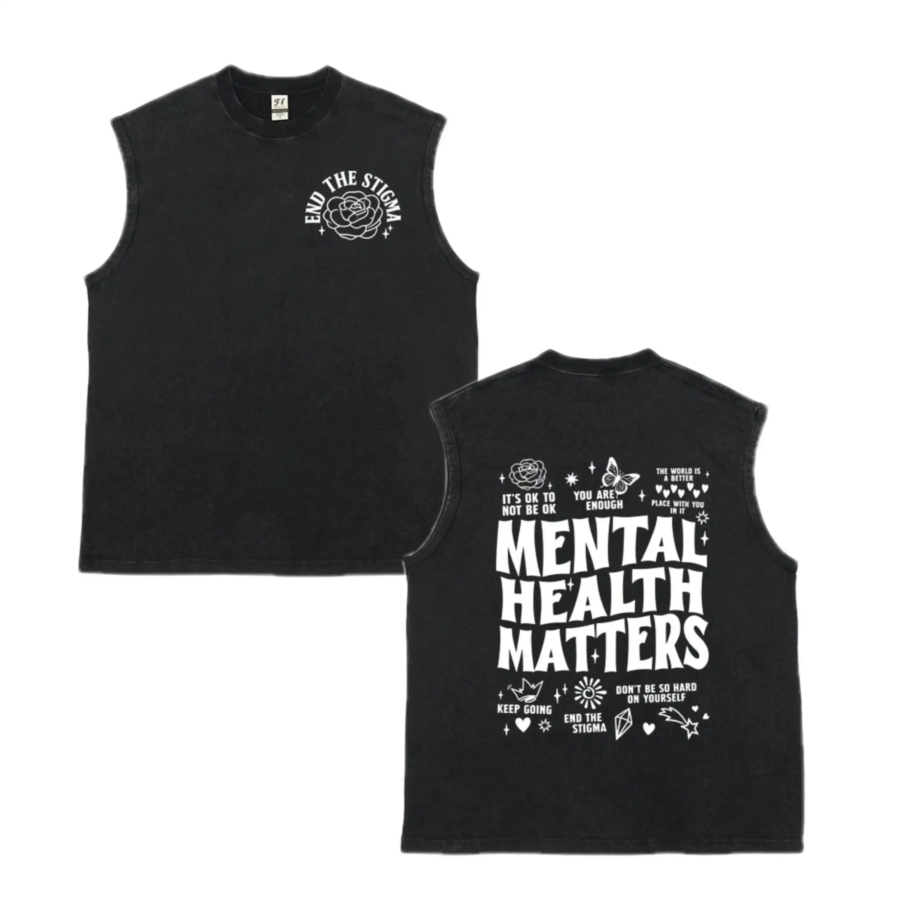 Mental Health Matters" Washed Vest, Positive Affirmation Double-Sided comfy cotton anyone casual menswear apparel top graphic tees everyday tshirt