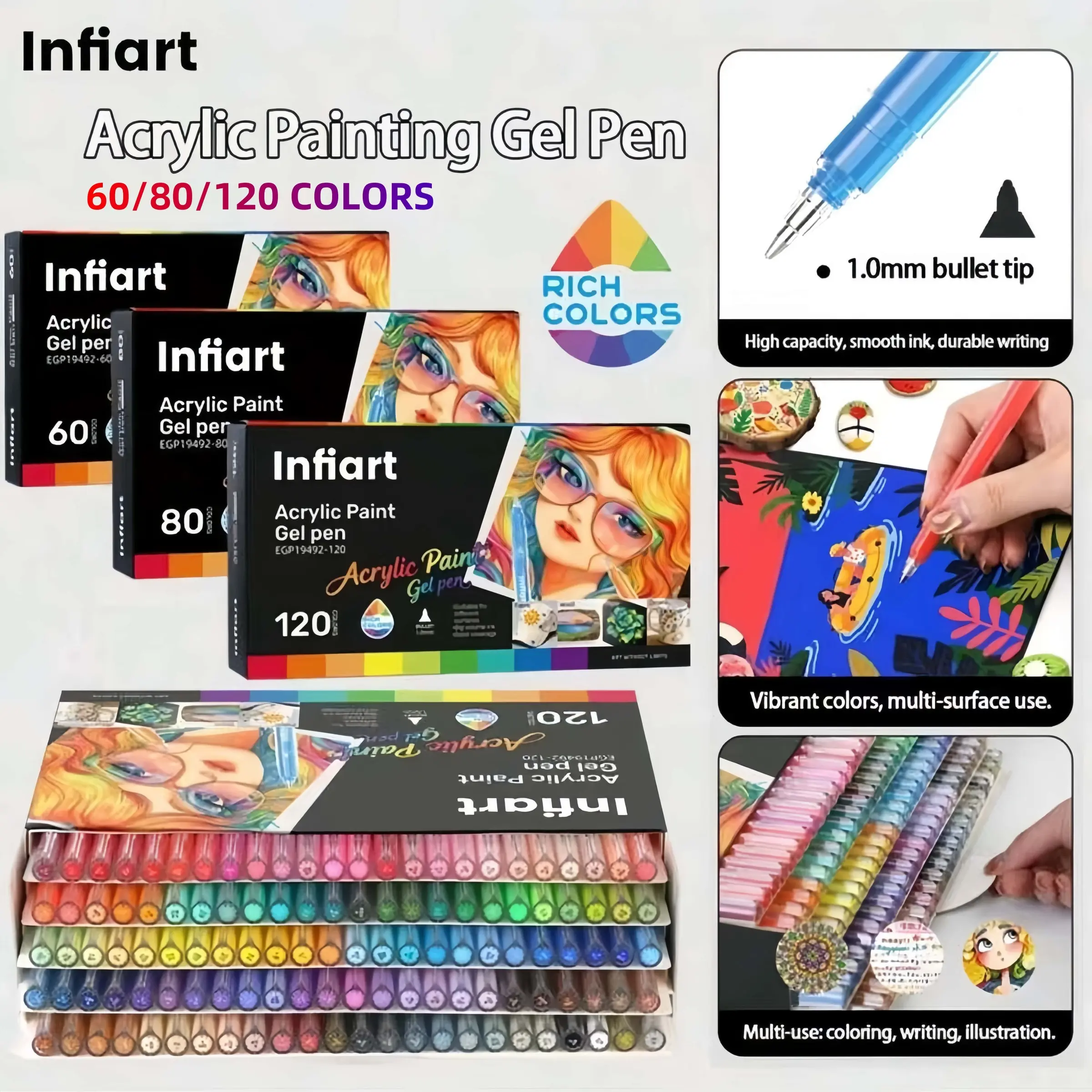 Infiart 60/80/120 Color Acrylic Drawing Gel Pens with 1.0mm Bullet Tip High Capacity Ink No Bleed Quick-Dry Waterproof Suitable for Bullet Journals Illustrations DIY Doodles