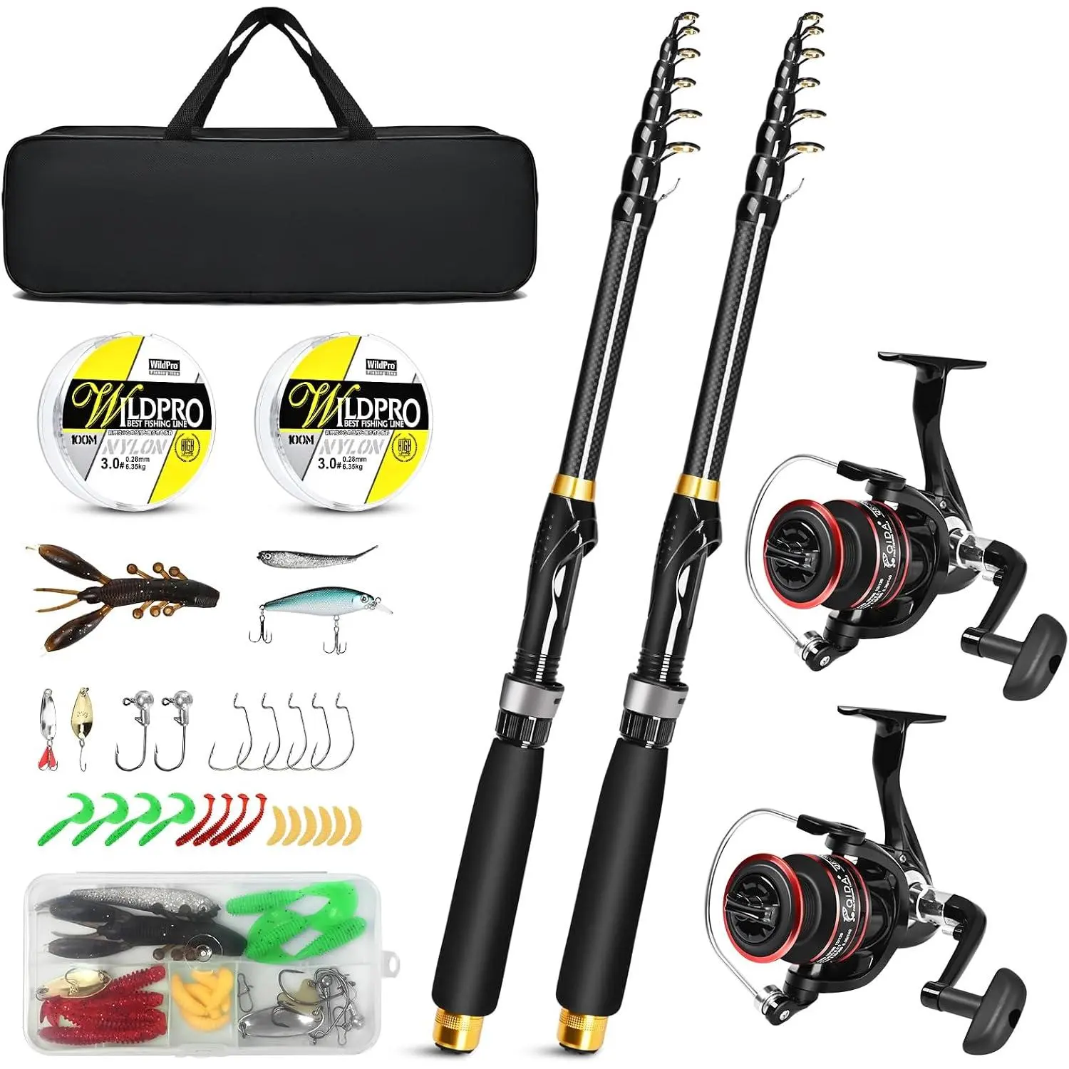 6.89ft Fishing Rod and Reel Combo, 2 count Telescopic Carbon Fiber Fishing Rod, Spinning Reels *2, Fishing Line *2, Fishing Hooks  Set, Portable Fishing Pole Set with Carrier Bag