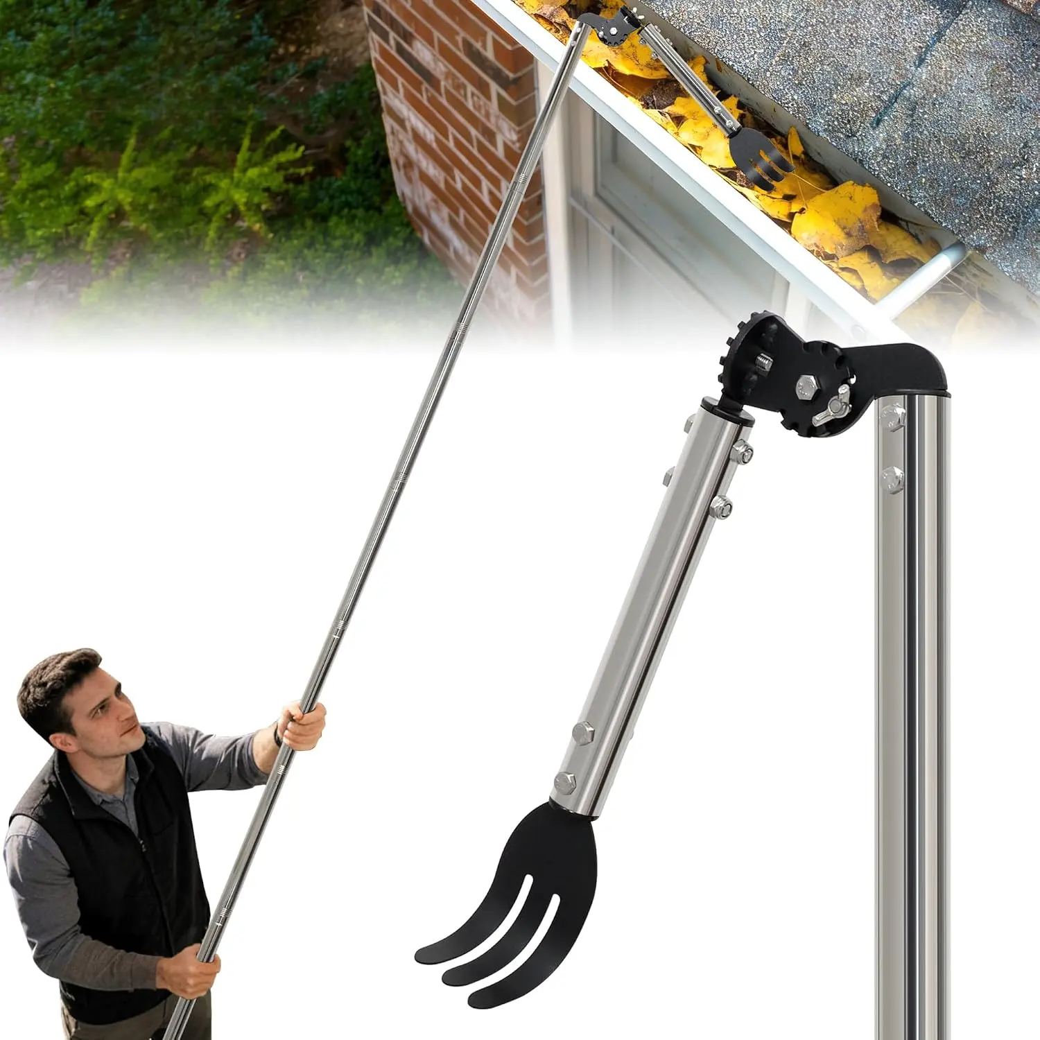 12FT Gutter Cleaning Tools from the Ground with Dual-Axis Adjustment Spring Steel Gutter Cleaner Tool, Adjustable Length Cleaning Pole with Gutter Rake for Leaves, Muck and Roof Debris