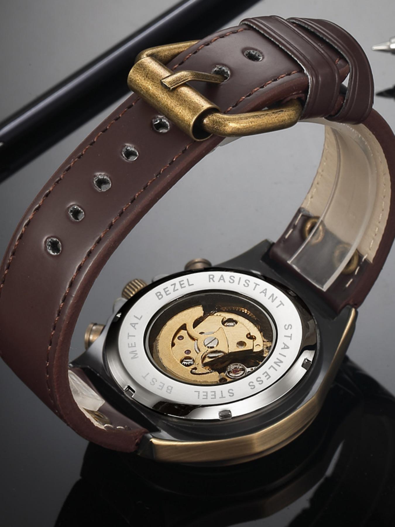 Men's Vintage Mechanical Watch, Fashion Skeleton Automatic Watch for Party, Daily Clothing Decor, Trendy All-match & Exquisite Watch for Gift with Box, Self Winding Watches