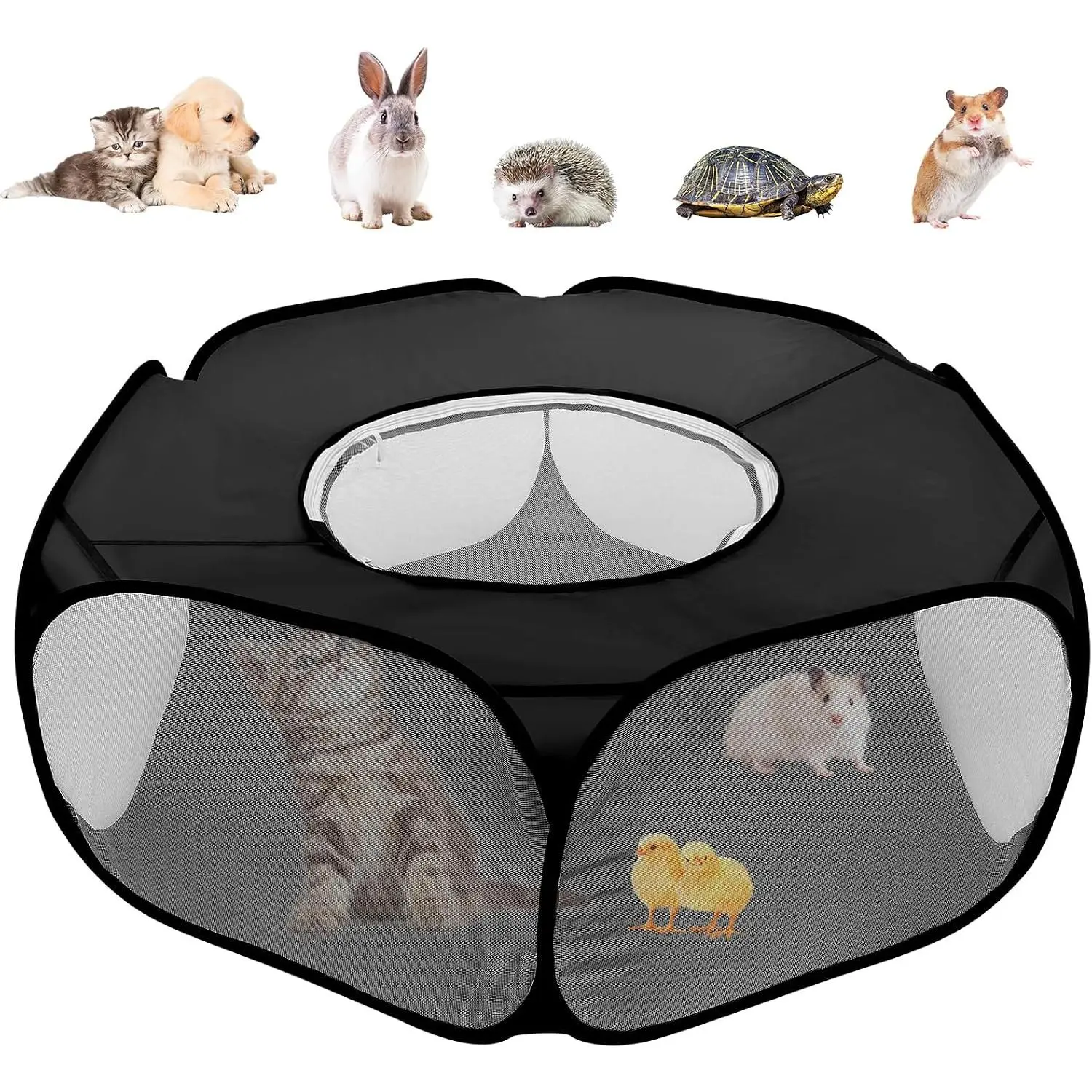 Small  Playpens with Top Cover, Foldable Breathable Small Pets Cage Tent Outdoor Indoor Portable Play Pen for Guinea Pig Hedgehog Hamster   Bunny Puppy Ferret Rat Chicks (Black)
