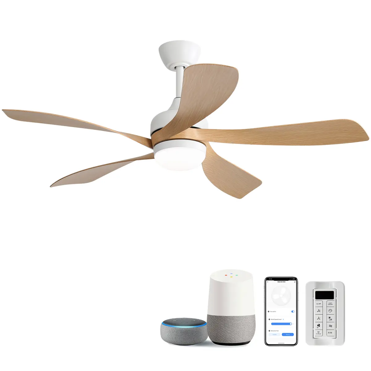 Smart Ceiling Fan with Light, Modern 5-Blade Wood Ceiling Fan with Remote, WiFi App & Voice Control for Bedroom Living Room