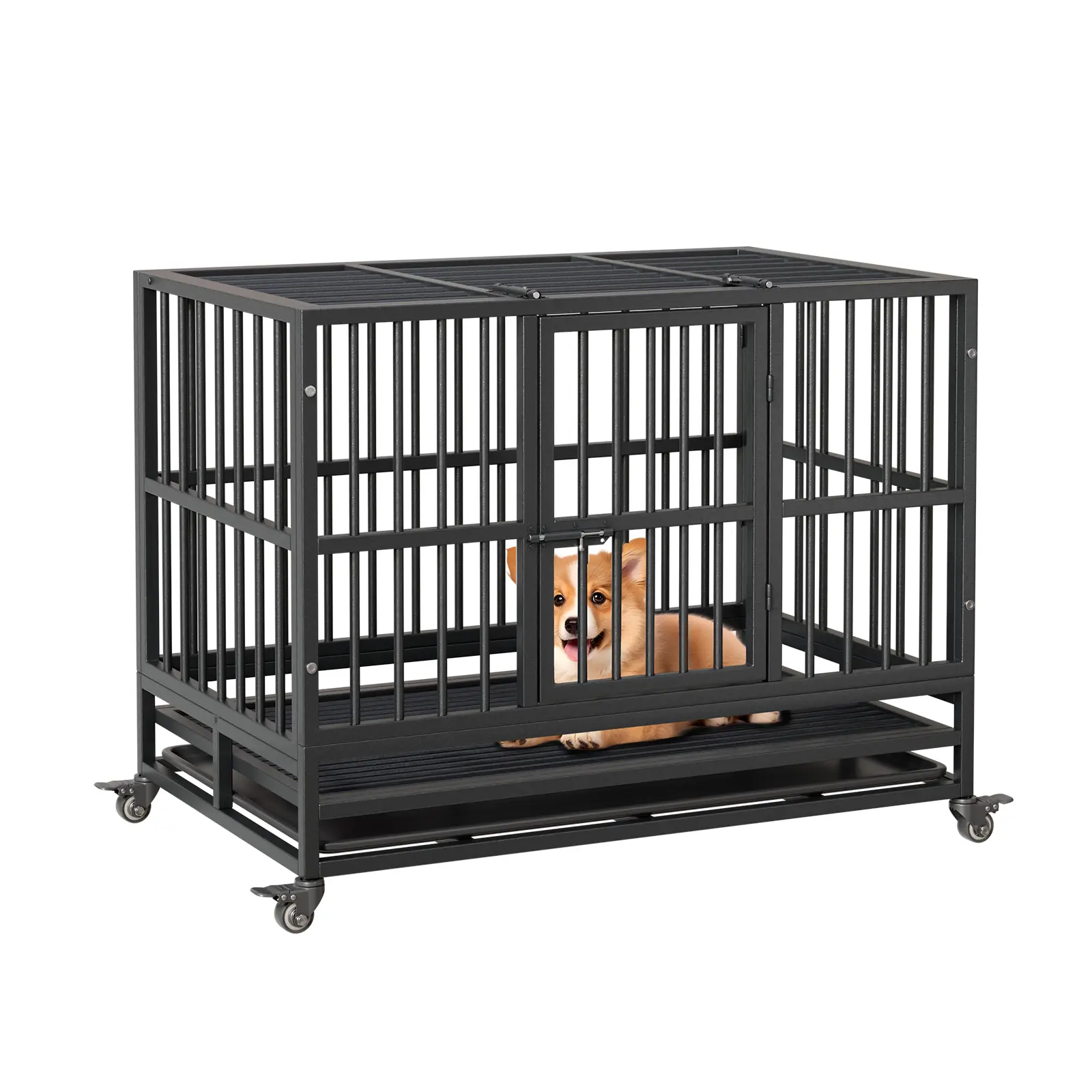 Heavy Duty Metal Dog Crate, 37/48 Inch Dog Cage With Wheels, Folding Indoor Dog Crate With Removable Tray Perfect for Small, Medium and Large Pets