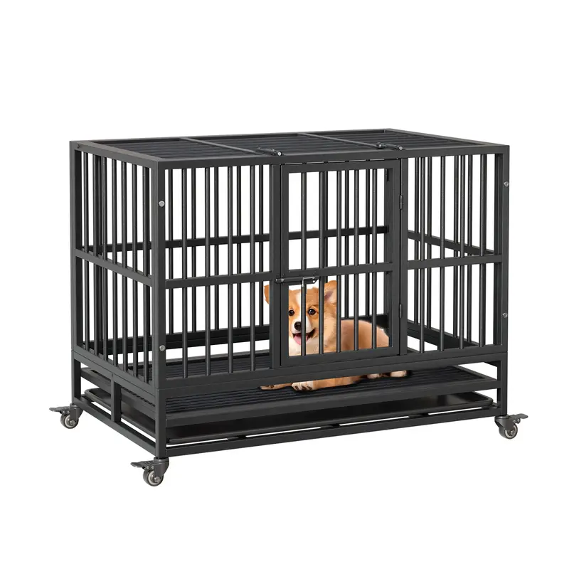 Sturdy Solid Metal Bar Crate Kennel - 37/48 in Folding Indoor Enclosure with Wheels, Removable Tray for Easy Cleaning, Suitable for Small-Large Dogs & Cats