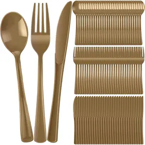 300 Pcs Heavy Duty Plastic Silverware Cutlery Set Disposable Utensils Includes 100 Spoons 100 Forks 100 Knives Gold for Parties Catering Family Gathering