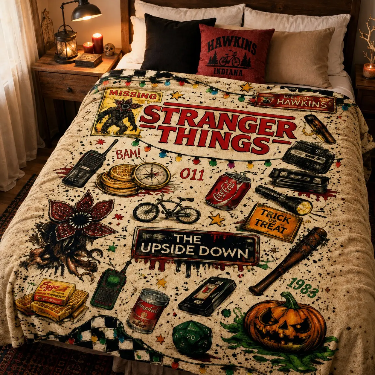 Stranger Things Flannel Blanket, Retro 80s Hawkins & Upside Down Horror Print, Soft Cozy Lightweight Warm Throw, Halloween Gift for Fans