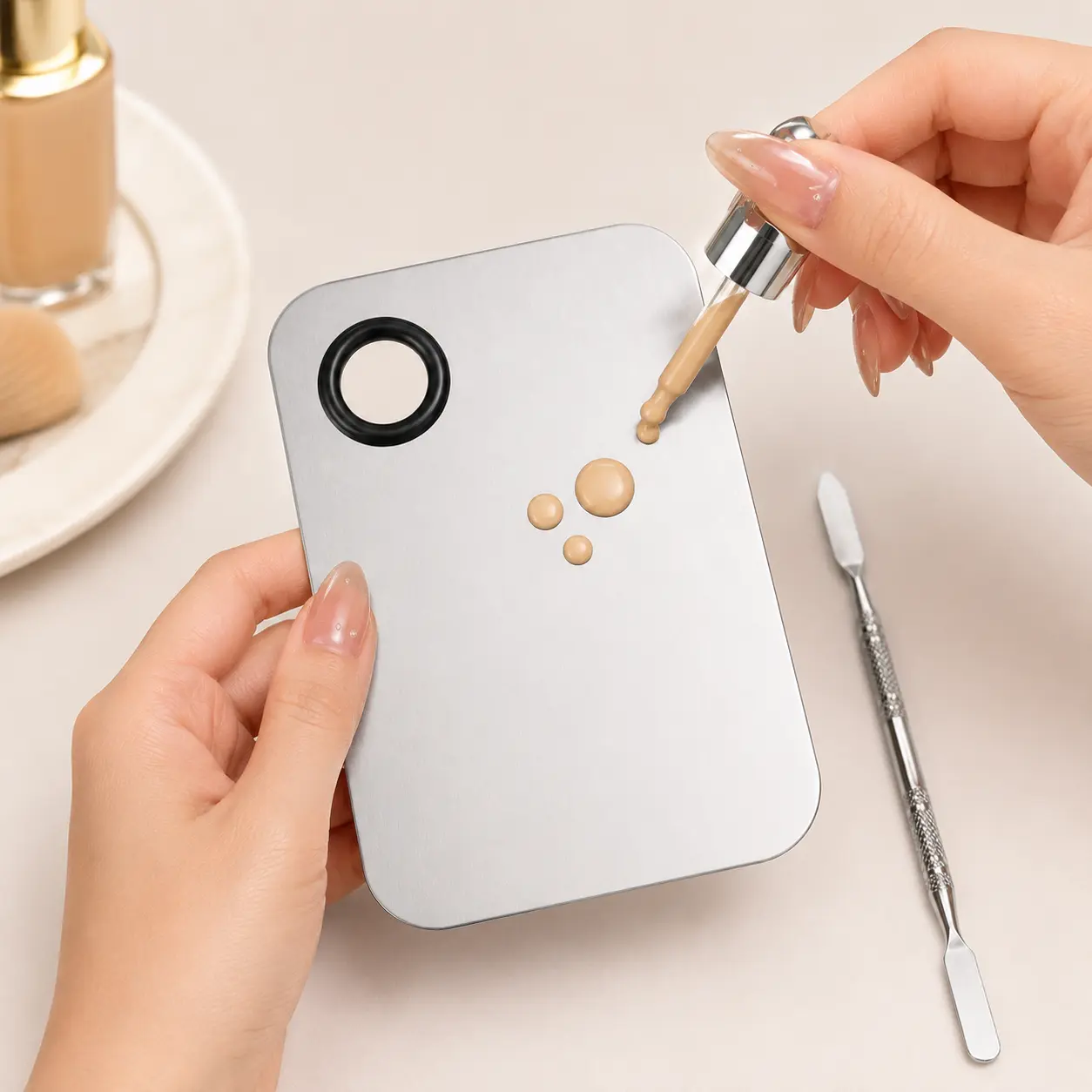 2Pcs Professional Stainless Steel Cosmetic Mixing Palette with Dual-Ended Spatula, Makeup Artist Tool for Foundation, Concealer, Nail Art & Pigment Blending,print