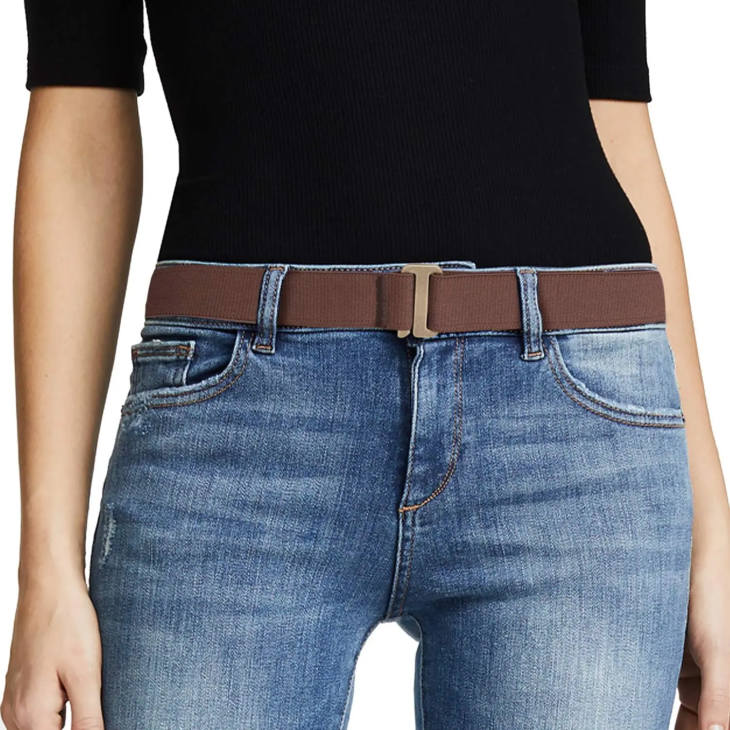 Women No Show Stretch Belt Elastic Web Strap Belt with Flat Buckle for Jeans Pants Dresses