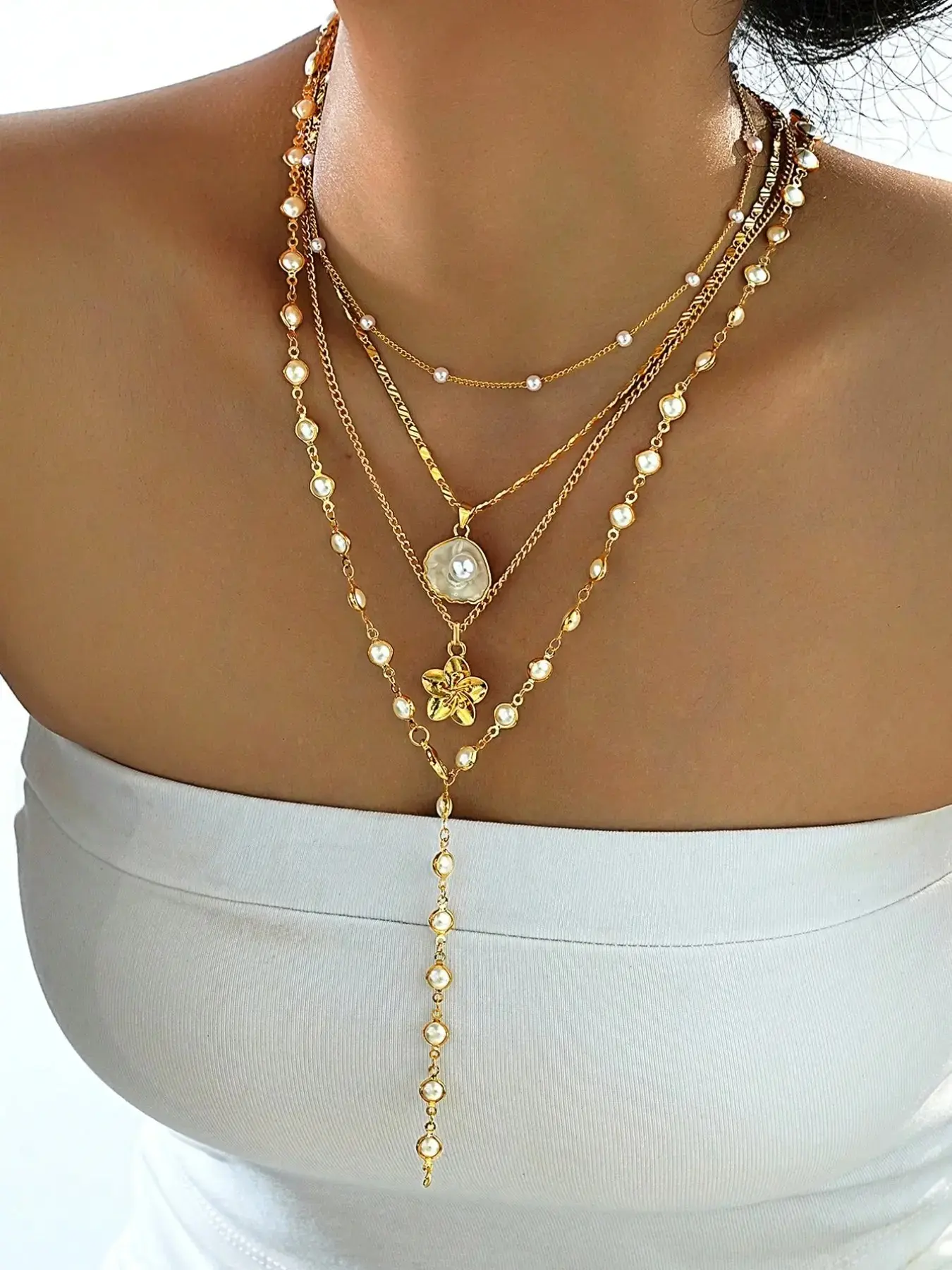 Boho Shell Flower & Faux Pearl Y Necklace Set for Women, Summer Style Fashion Jewelry, Minimalist Layered Design, Multilayer Necklace, Dainty Boho Necklace, Perfect for Beach Vacations & Parties