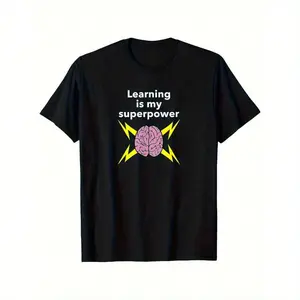 180gNewest Design Men's "Learning Is My Superpower" Black T-Shirt - 100% Cotton, Glossy Finish, Round Neck, S-XXXL, Brain & Lightning Bolt Graphic, Casual Style, Casual Wear |   Graphic Tee |   100% Cotton Tee