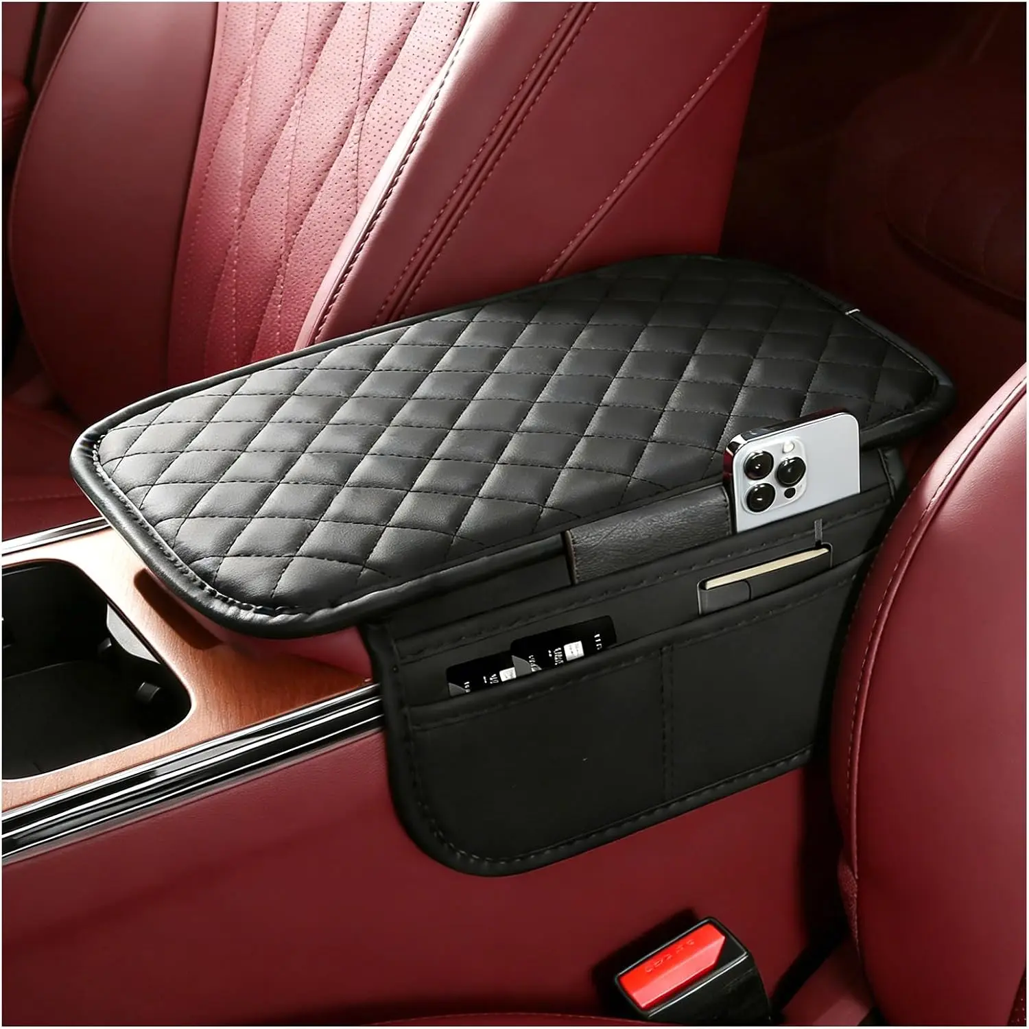 Leather  Center Console Cover with 6 Pockets,Upgraded Arm Rest Cover for  -in Sponge for Soft Support, Lattice Armrest Covers for  Interior Accessories