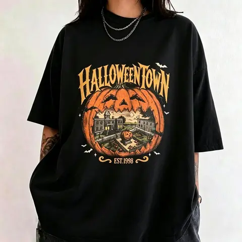 Halloweentown Est 1998 Casual Round Neck Top - Halloweentown University Retro Graphic Tee, Sporty Chic Cute Fall Sports Top