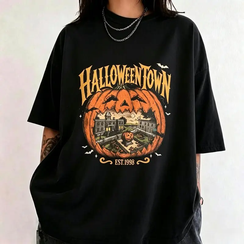 Halloweentown Est 1998 Casual Round Neck Top - Halloweentown University Retro Graphic Tee, Sporty Chic Cute Fall Sports Top