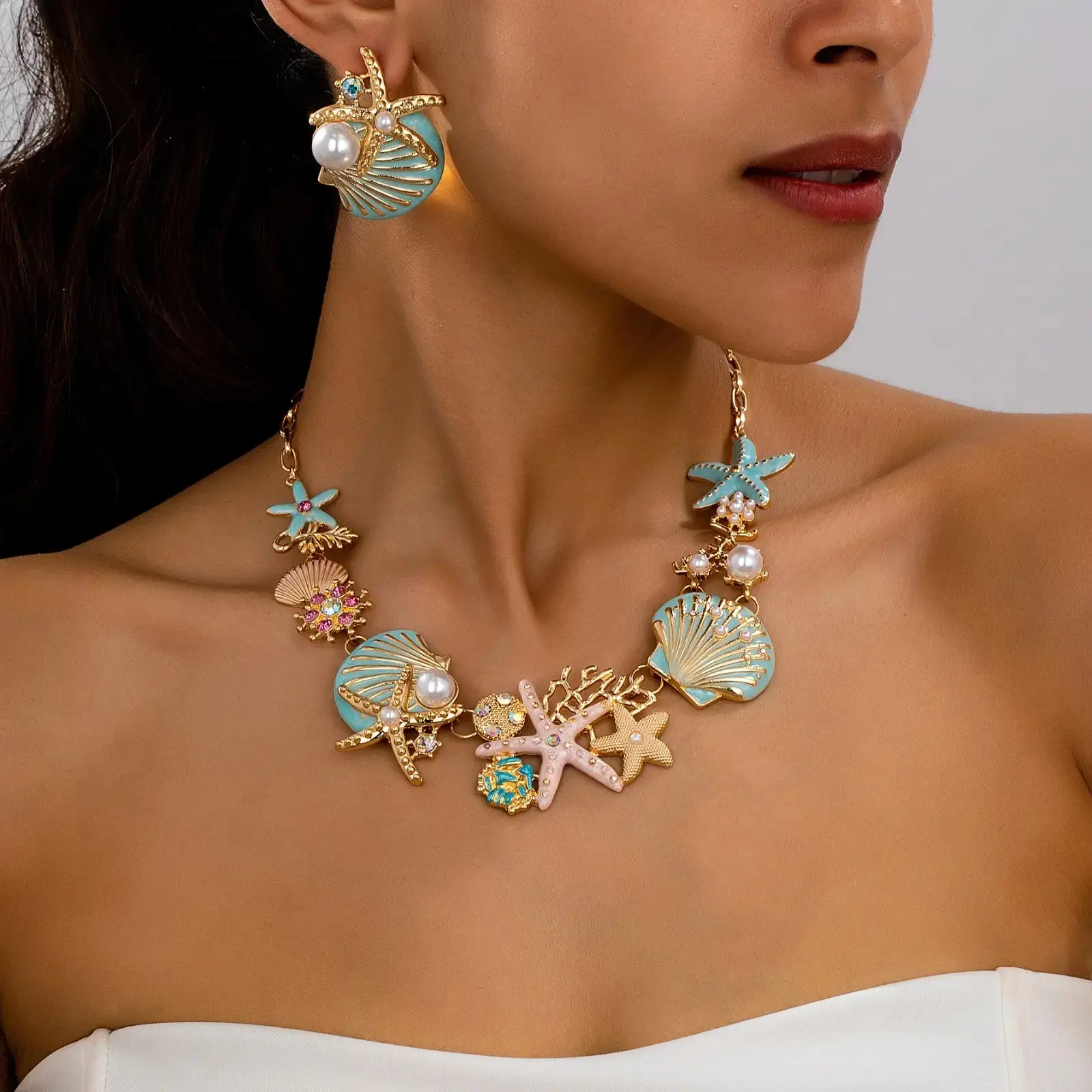 Ocean Inspired Jewelry Set for Women, Starfish Shell Necklace & Stud Earrings with Enamel Coral Design, Elegant Coastal Beach Jewelry Accessories for Vacation, Wedding, Party, Resort Wear and Gift Giving campingessentials
