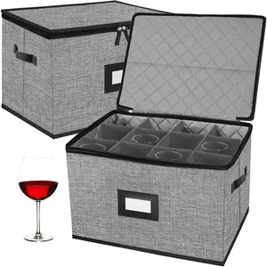 2Pack Quilted Hard Shell Wine Glass Storage Box Stackable Stemware Storage Cases Moving Supplies Storage Containers for Organizing
