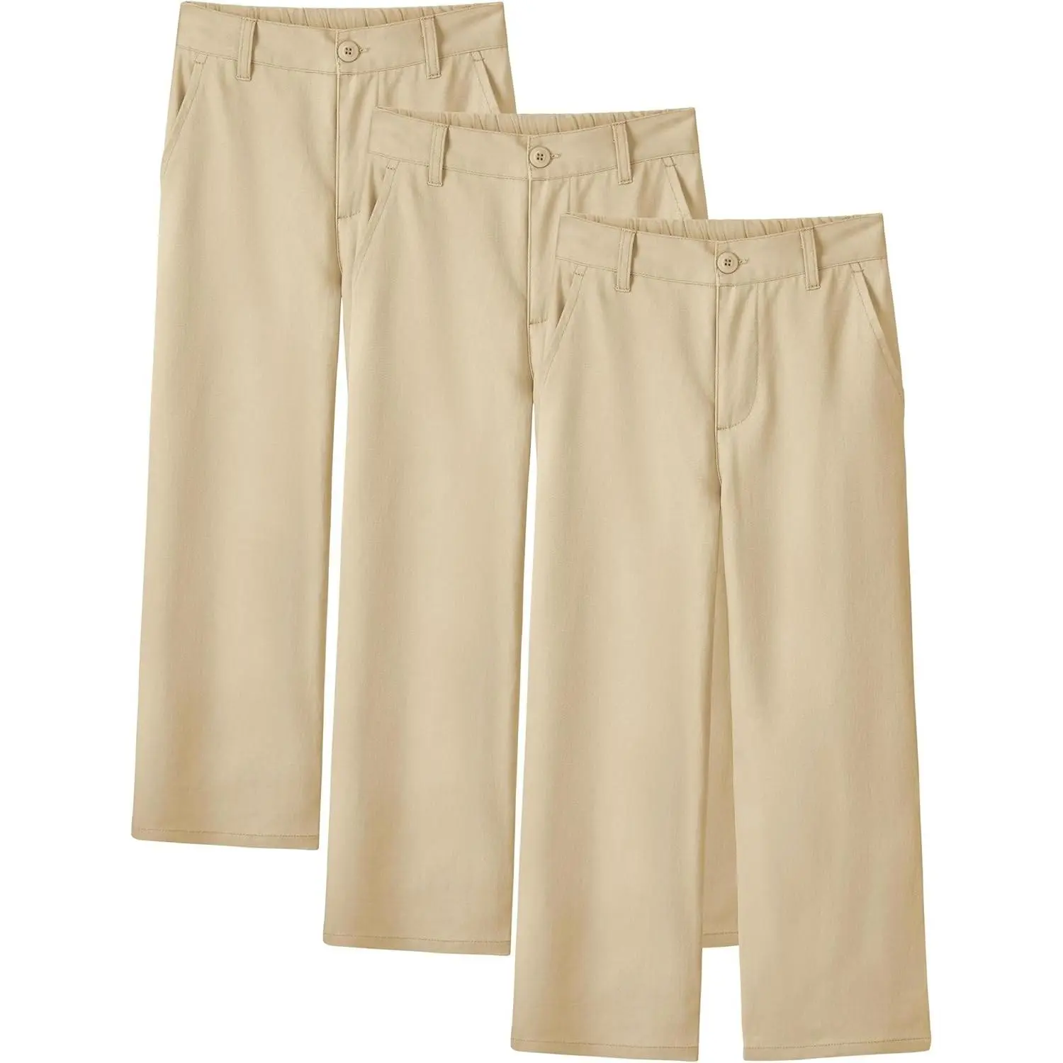 3 Pack Girls Uniform Pants, Wide Leg Straight Fit School Uniform Pants for Girls with Zipper Fly & Pockets, 5-15Y