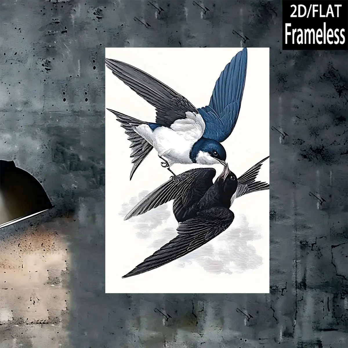 A canvas painting 2D/flat frameless decorative artwork, 20x30cm 30x40cm 40x60cm 50x70cm 60x80cm 60x90cm 60x120cm, illustration of blue and white swallows feeding a black-feathered young bird, art poster for modern home bathroom wall decoration, living roo