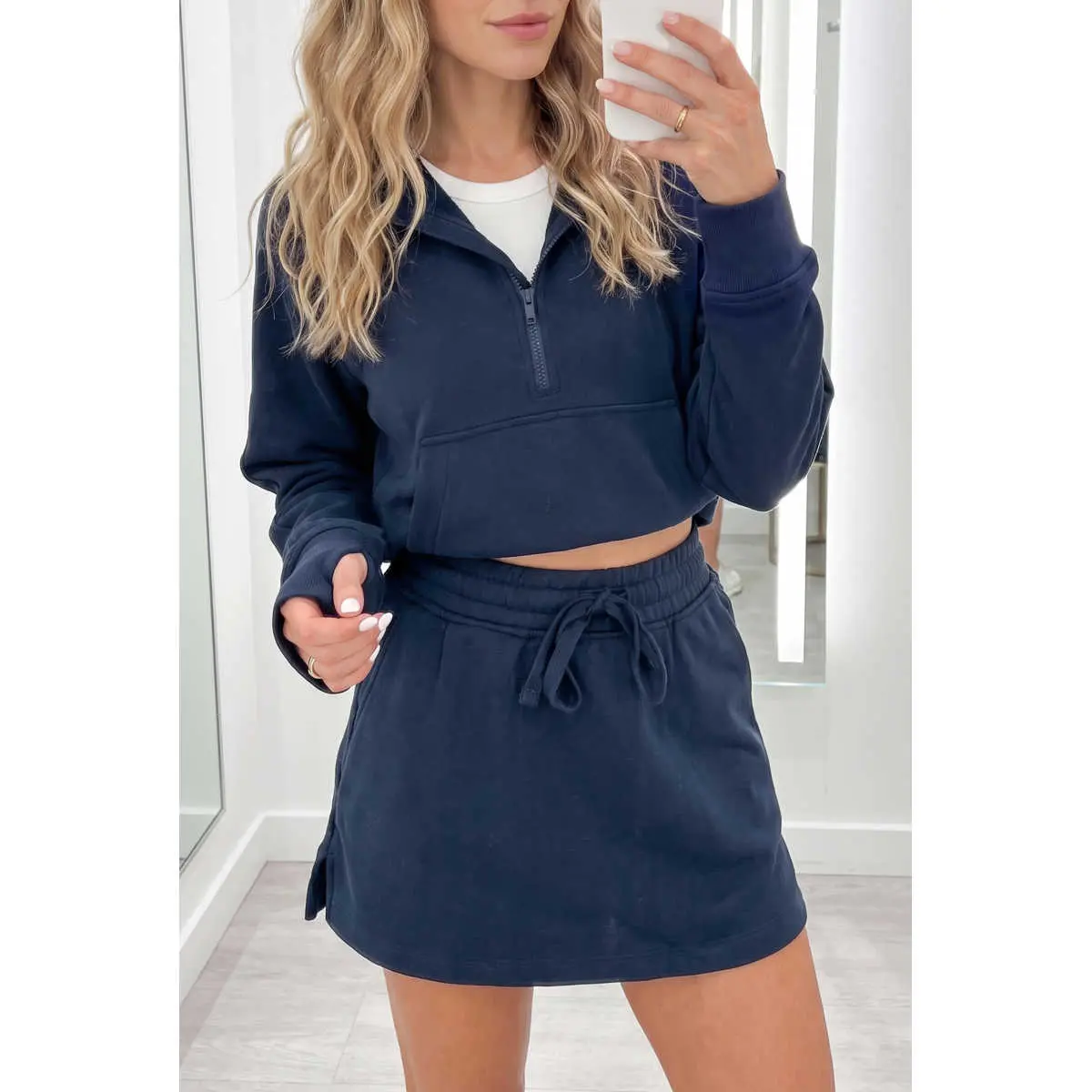 Athleisure Lounge Set Navy Cropped Quarter Zip Fleece Sweatshirt Drawstring Side Slit Skort Two Piece Outfit Women Casual Summer To Fall Errands Travel Matching Set