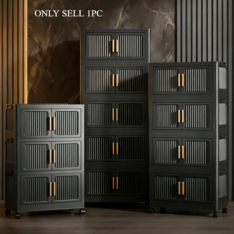 Multi-functional, large-capacity, foldable storage cabinet, no installation required, with magnetic door and wheeled storage box, 3/4/5/6-tier organizing cabinet, suitable for living room, bedroom, kitchen, and bathroom, Cabinet with Wheels