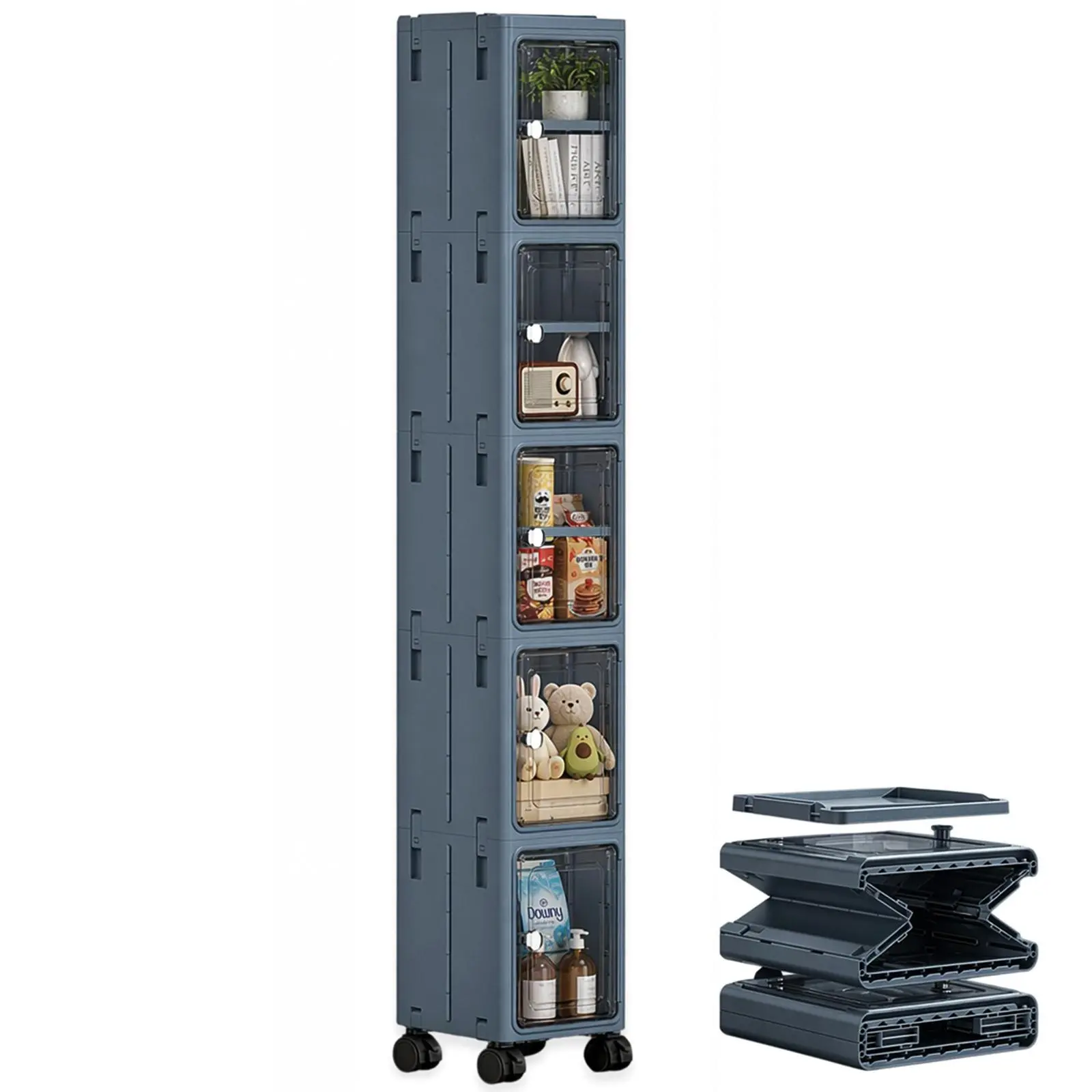 Nifogo 5-Tier Plastic Organiser Storage Bins with Dustproof Lids, Stackable Containers with Wheels, Modern Folding Collapsible Boxes for Office/Dorm, White, 157cm