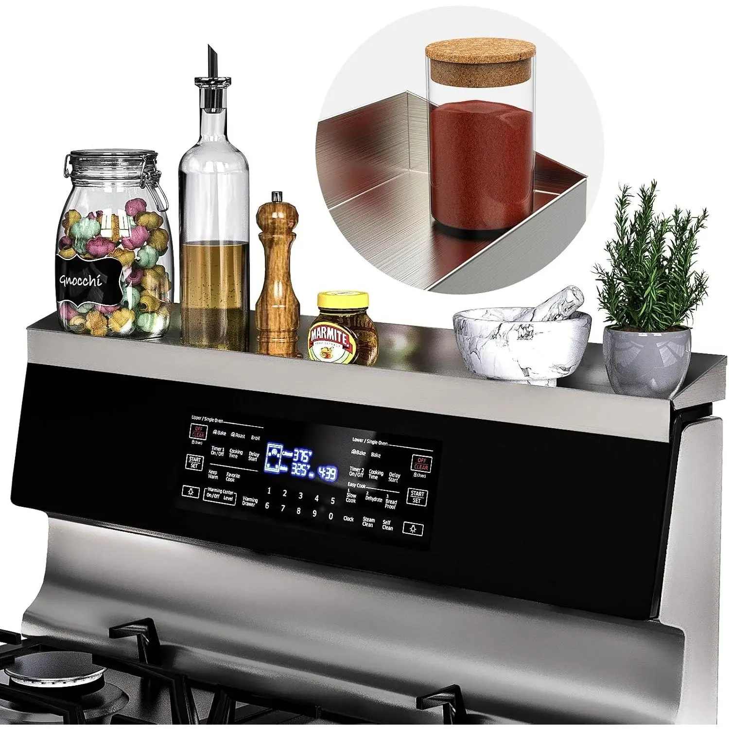 Stove Top  Shelf for Kitchen Organization, 30"   Rack Over the Stove, 4" Deep  Organizer With Border  Around, Brushed Stainless,