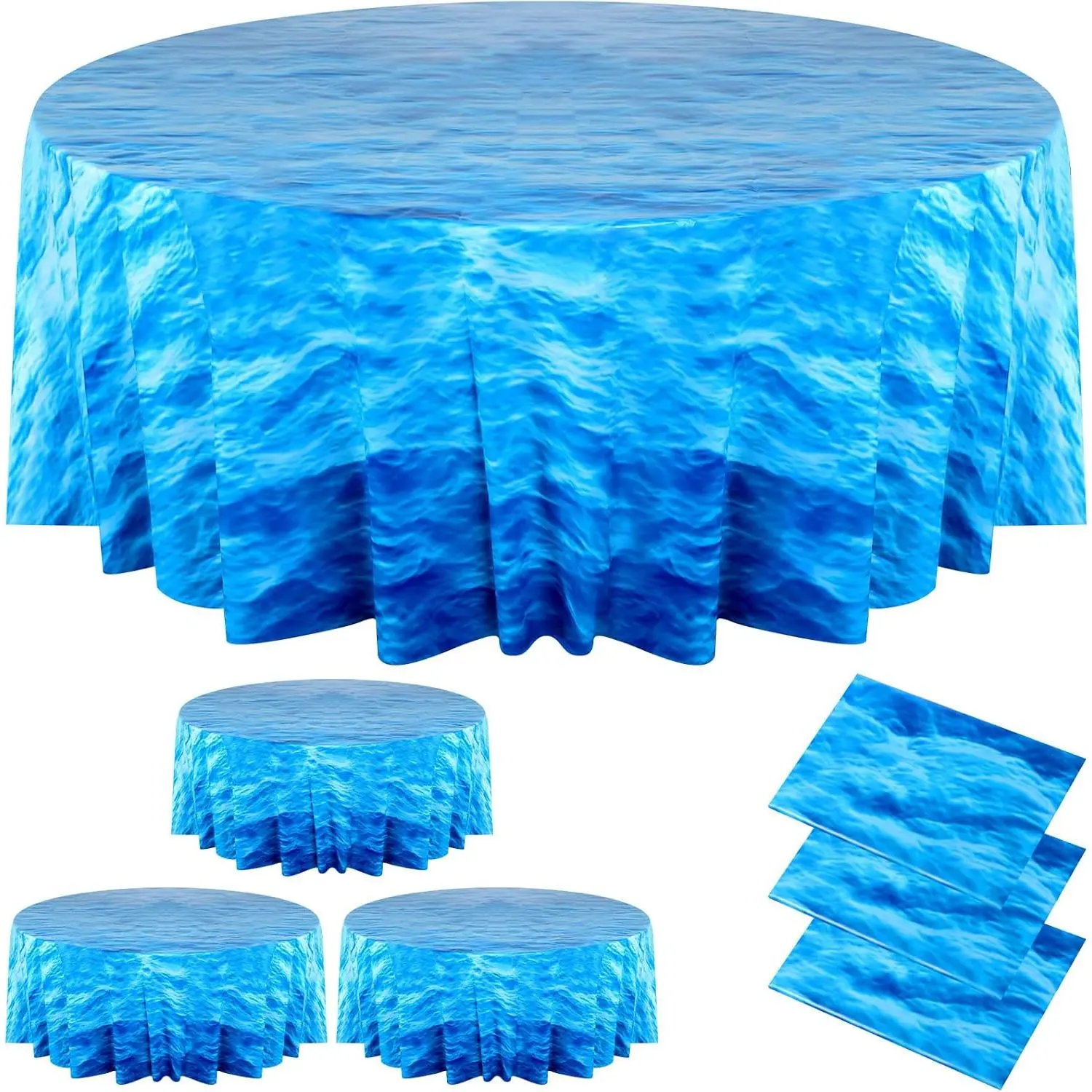 3 Pack Round  Waves Tablecloth 84 Inch Blue Sea Table Cloth Disposable Table Cover for Birthday Dining Buffet Party Picnic Indoor Outdoor Decor
