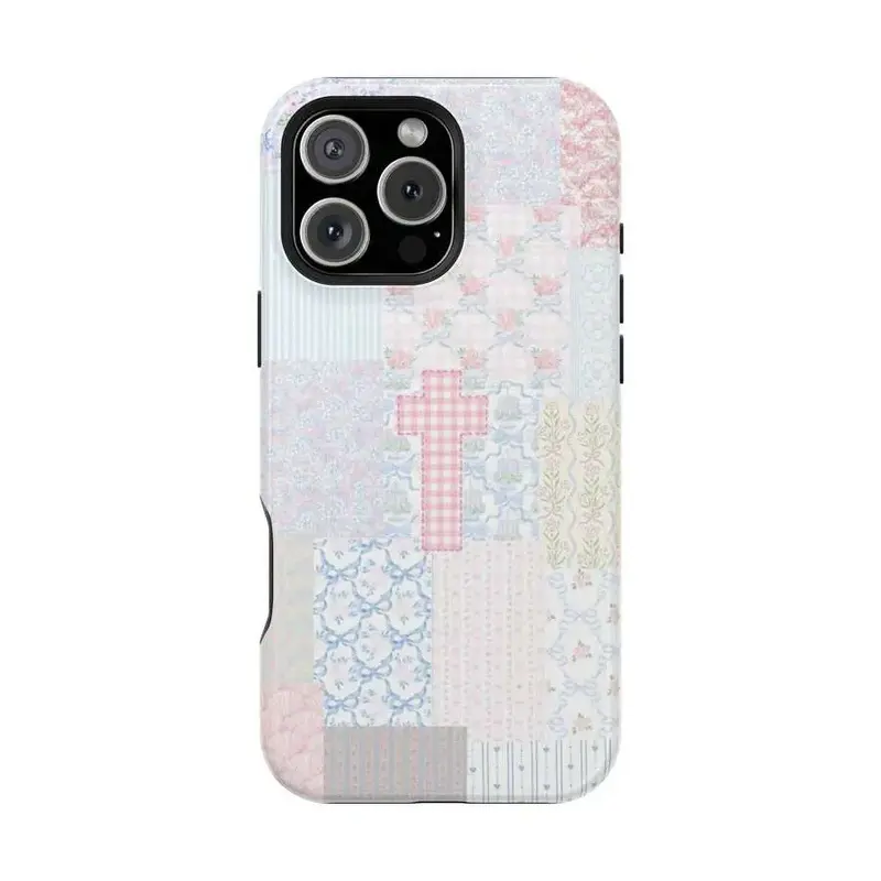 Christian Patchwork Phone Case – Pastel Cottagecore Cross Design |      Vintage Quilt Aesthetic For IPhone |     Faith-Based Soft Girl Gift |     Cover For IPhone 17 16 15 14 13 12 , Gift For Her