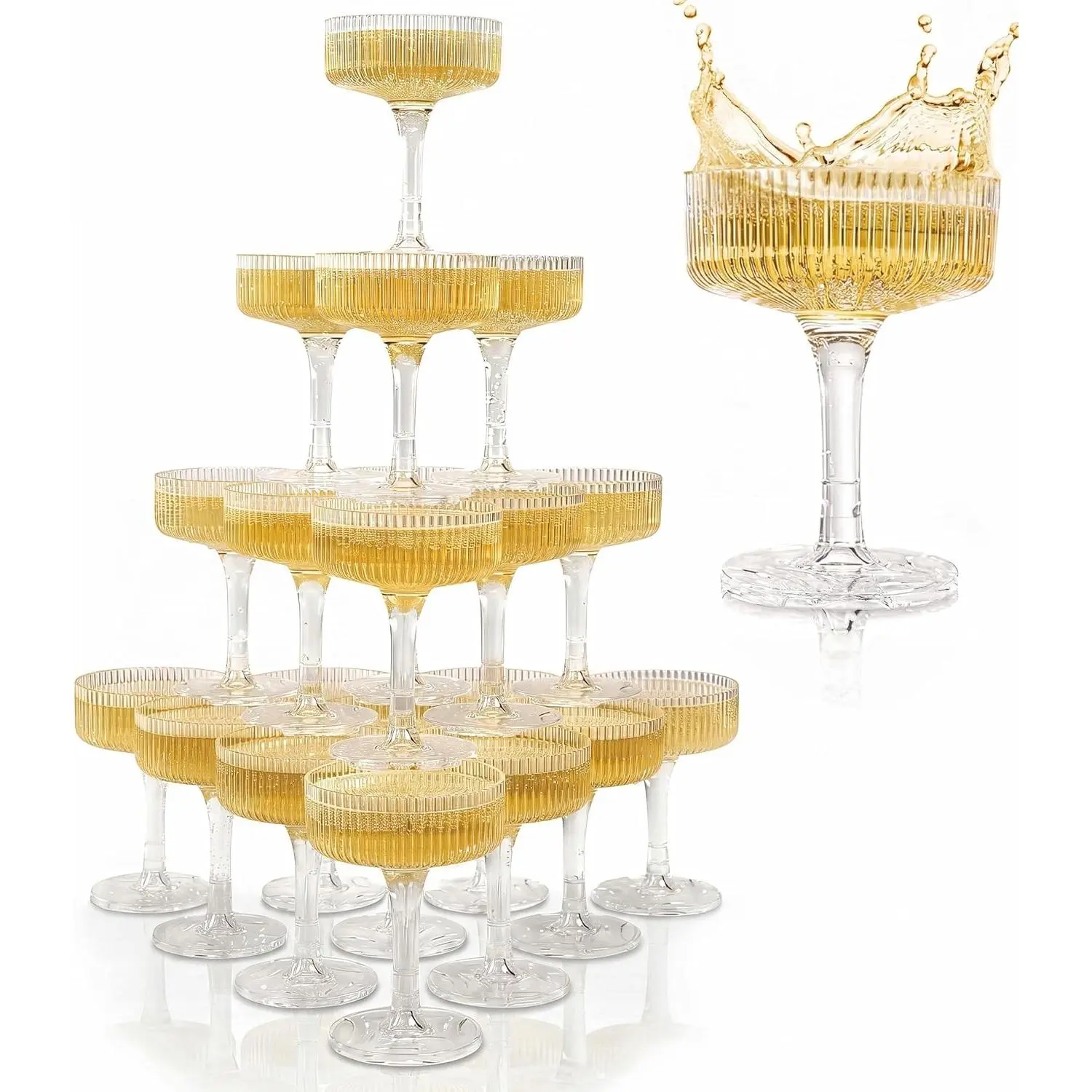 Ksestor Champagne Tower - 21 Piece 7oz Plastic Champagne Coupes Set – Clear | Stackable Champagne Tower Glasses for Weddings, Parties, Events and Hosting - Shatter-Resistant - BPA-Free