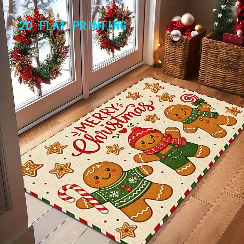 Flannel Floor Mat 1-piece, 2D flat printing, Christmas Gingerbread Man Floor Mat, festive cartoon non-slip entrance mat, non-slip, machine washable, easy to clean polyester carpet, suitable for home and outdoor decoration, ideal for entryways, bedrooms, b
