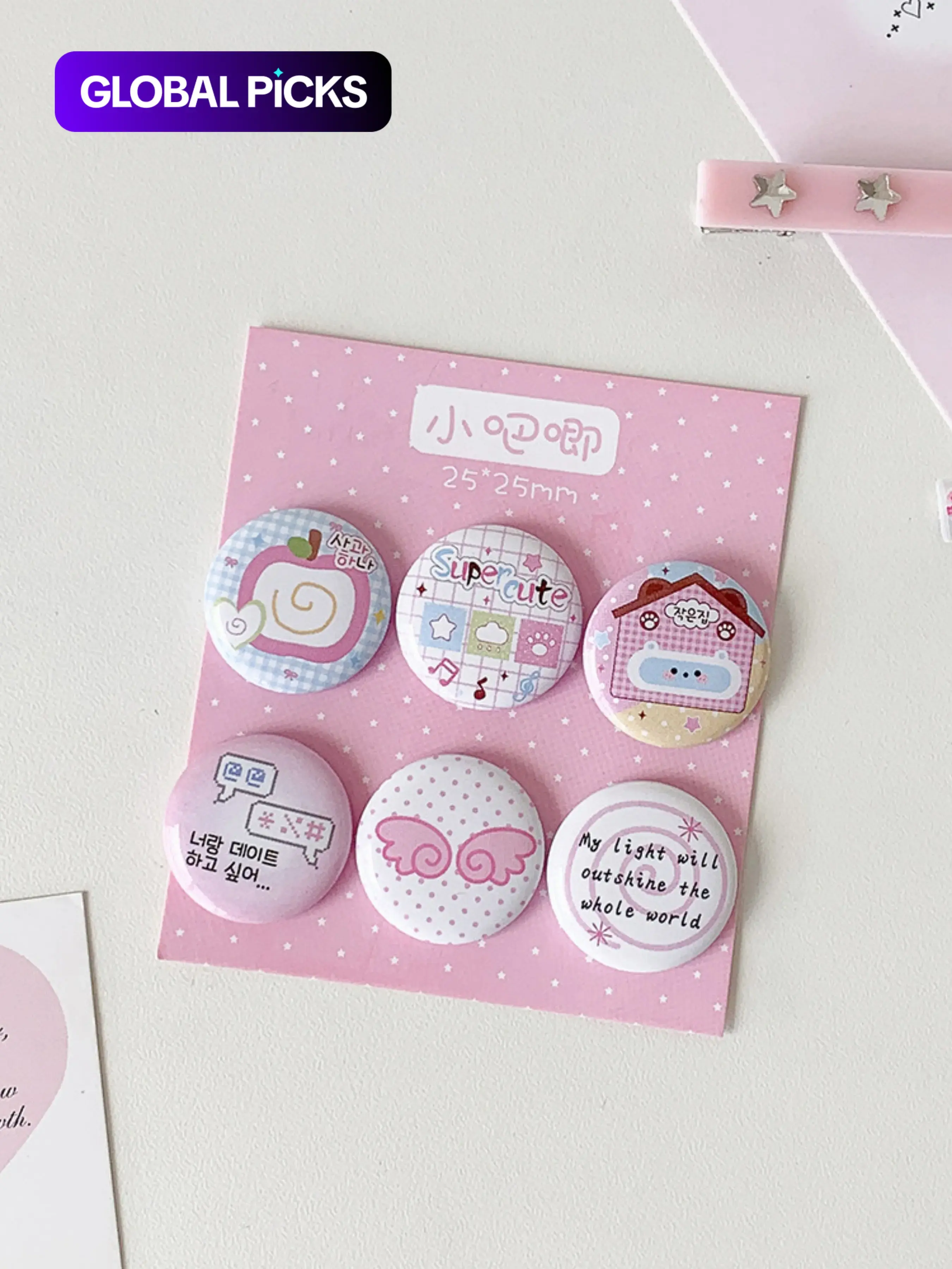 6Pcs/Set Cartoon Angel Wing & Heart Pattern Mini Round Pins (25mm), Cute Style, Durable Metal Badge Set