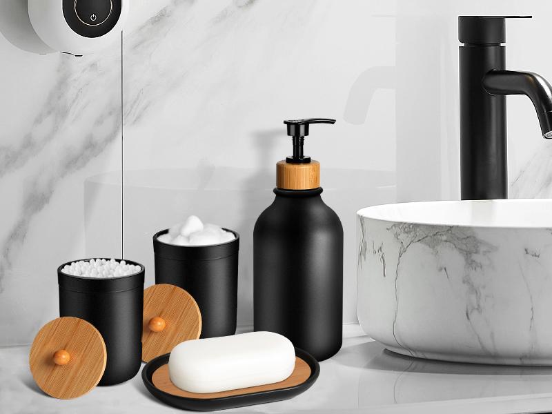 ZY Black Bathroom Accessories Set 5 Pcs, Matte Black Bathroom Accessories, Plastic Soap Dispenser and Toothbrush Holder Set, Soap Dish, Cotton Swab Jar, Black Bathroom Set, Boho Bathroom Decor Glass Hand Farmhouse Beige ZY Black Bathroom Accessories Set 5 Pcs, Matte Black Bathroom Accessories, Plastic Soap Dispenser and Toothbrush Holder Set, Soap Dish, Cotton Swab Jar, Black Bathroom Set, Boho Bathroom Decor Glass Hand Farmhouse Beige