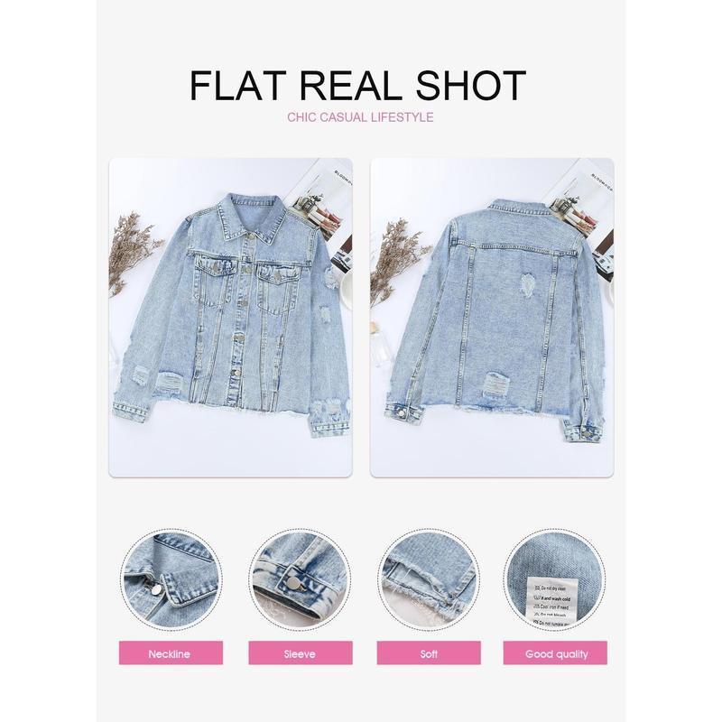 Women's Jean Jackets Non Stretch Boyfriend Washed Distressed Ripped Lapel Long Sleeve Denim Jacket Tops 2025 Spring Fall Womenswear Outfits Casual Coats