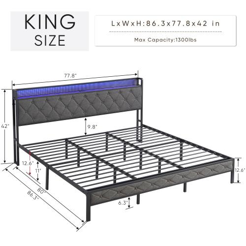 Bellemave Full/Queen/King Bed Frame with Storage Headboard Charging Station & LED Lights Upholstered Platform No Box Spring Needed Noise Free Easy Assembly Dark Gray