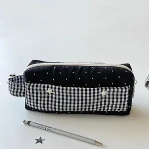 High-Style Polka Dot Plaid Pencil Case, Large Capacity Student Handheld Pencil Organizer, Stylish School Supplies Box, Desk Supplies